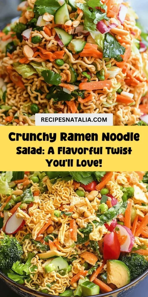 Discover the vibrant and satisfying Crunchy Ramen Noodle Salad, a delightful fusion of flavors and textures perfect for any occasion. Packed with fresh ingredients like edamame, avocado, and mango, this salad is not only visually appealing but also nutritious. The crispy ramen noodles add a unique twist, while the Sesame Honey Vinaigrette brings it all together. Perfect as a main course or a side dish, get ready to impress your guests! #RamenSalad #HealthyEating #SaladRecipes #Foodie #MealPrep #DeliciousAndNutritious