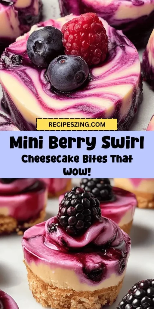 Discover the joy of making Berry Swirl Cheesecake Bites! These mini cheesecakes boast a creamy texture and bursting fruity flavors, perfect for any gathering or simply satisfying your sweet cravings. With an easy step-by-step guide, you'll learn to whip up a delectable graham cracker crust, blend a rich cream cheese filling, and create stunning berry swirls that make these treats visually irresistible. Ideal for parties, potlucks, or a cozy night in, these bite-sized desserts are sure to impress and delight everyone. Get ready to indulge in a deliciously cute dessert that’s as fun to make as it is to eat!