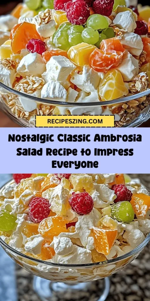 Discover the joy of making Classic Ambrosia Salad, a timeless dessert that has been a staple at American gatherings for generations. This vibrant fruit salad combines sweet mini marshmallows, tropical shredded coconut, juicy canned oranges and pineapples, and colorful maraschino cherries, all enveloped in a creamy dressing. Perfect for potlucks and family celebrations, this recipe is not only easy to make but also allows for creative variations to suit your taste. Explore the nostalgia and warmth of each bite while crafting this delightful dish that beautifully balances flavors and textures. Get ready to impress your friends and family with a taste of this beloved classic!