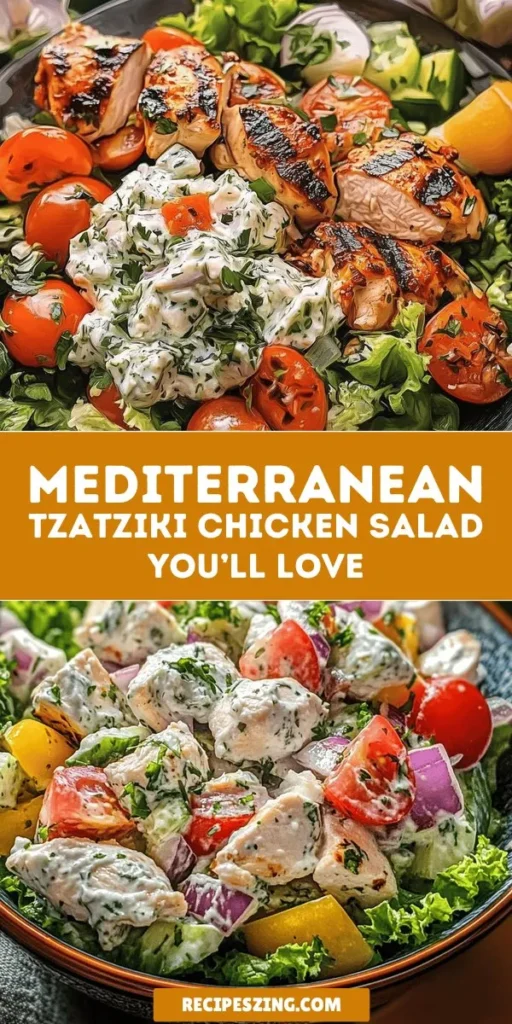 Discover the refreshing tastes of the Mediterranean with Tzatziki Chicken Salad. This vibrant dish combines juicy grilled chicken, crisp veggies, and a creamy tzatziki dressing that’s perfect for any meal! Easy to prepare, it's a healthy choice packed with protein and essential nutrients. Great as a light lunch or a satisfying dinner, this salad celebrates Mediterranean flavors and promotes wholesome living. Enjoy the deliciousness! #Tzatziki #MediterraneanDiet #HealthyEating #SaladRecipes #MealPrep #Foodie