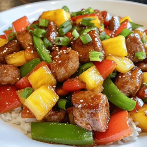 Tropical Sweet and Sour Pork Delight is a culinary masterpiece that invites you to take a flavorful journey to the sun-kissed tropics. This dish embodies a perfect harmony of sweet and savory flavors, showcasing the vibrant essence of tropical ingredients. Imagine tender pieces of pork mingling with juicy pineapple, crisp bell peppers, and colorful sugar snap peas, all enveloped in a luscious sweet and sour sauce. This dish not only tantalizes your taste buds but also brings a burst of color to your dinner table, making it a feast for the eyes as much as for the palate.