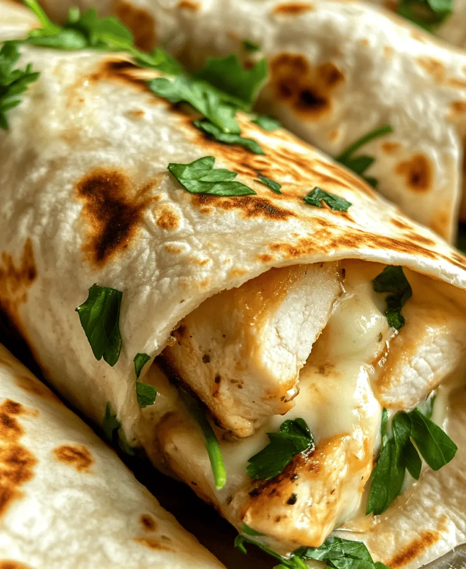 Wraps have gained immense popularity in the culinary world, serving as a versatile meal option that can be enjoyed at any time of day. Their ability to encapsulate a myriad of flavors and textures makes them a go-to choice for busy individuals and families alike. Among the plethora of wrap recipes available, <strong>Cheesy Garlic Chicken Wraps</strong> stand out as a particularly satisfying and flavorful dish. This recipe combines creamy, cheesy, and savory elements to create a meal that is not only delicious but also easy to prepare.” /></p>
</p>
<h2>Importance of Seasoning to Taste for a Balanced Flavor</h2>
</p>
<p>Seasoning is a crucial component of any recipe, and Cheesy Garlic Chicken Wraps are no exception. Proper seasoning elevates the flavors of your ingredients, ensuring that your wraps are not only delicious but also well-balanced. Start with basic seasonings like salt and pepper, adjusting according to your taste preferences. Consider the following tips for achieving optimal flavor:</p>
</p>
<p>– <strong>Taste as You Go</strong>: After each addition of seasoning, take a moment to taste the chicken. This allows you to adjust the flavors gradually without overwhelming the dish.</p>
<p>– <strong>Use Fresh Herbs</strong>: Fresh herbs like parsley, basil, or cilantro can add a burst of flavor and freshness to your wraps. Consider incorporating them not just in the chicken but also in the final assembly.</p>
<p>– <strong>Experiment with Spices</strong>: Don’t hesitate to add spices such as paprika, cumin, or chili powder for a unique twist. A little experimentation can lead to delightful discoveries.</p>
</p>
<h2>Cooking the Chicken</h2>
</p>
<p>To create the perfect Cheesy Garlic Chicken Wraps, starting with well-cooked chicken is essential. Here are some techniques and tips for sautéing chicken that will keep it juicy and flavorful.</p>
</p>
<h3>Techniques for Sautéing Chicken and Ensuring It Remains Juicy</h3>
</p>
<p>1. <strong>Choose the Right Cut</strong>: Boneless, skinless chicken breasts are ideal for wraps, but thighs can provide added moisture and flavor. Whichever cut you choose, ensure it is uniform in size for even cooking.</p>
</p>
<p>2. <strong>Preheat Your Pan</strong>: Heat a non-stick skillet over medium-high heat before adding the chicken. This helps to sear the meat quickly, locking in juices and creating a flavorful crust.</p>
</p>
<p>3. <strong>Use Oil Wisely</strong>: A tablespoon of olive oil or butter will help achieve a nice golden-brown color while preventing sticking. Ensure the oil is hot before adding the chicken.</p>
</p>
<p>4. <strong>Cook in Batches</strong>: If your skillet is crowded, the chicken may steam rather than sauté. It’s better to cook in smaller batches, ensuring each piece has enough space for proper browning.</p>
</p>
<p>5. <strong>Don’t Overcook</strong>: Cook the chicken for 6-7 minutes on each side or until it reaches an internal temperature of 165°F (75°C). Allow the chicken to rest for a few minutes before slicing, as this will help retain moisture.</p>
</p>
<h3>Options for Adding Additional Flavor Through Garlic or Spices</h3>
</p>
<p>Garlic is the star flavor in these wraps, and incorporating it effectively can make all the difference. Here are some ideas for enhancing the garlic flavor:</p>
</p>
<p>– <strong>Sauté Garlic with the Chicken</strong>: Add minced garlic to the pan during the last minute of cooking the chicken to infuse the meat with flavor without burning the garlic.</p>
<p>– <strong>Marinate the Chicken</strong>: For deeper flavor, consider marinating the chicken in a mixture of garlic, olive oil, lemon juice, and your choice of herbs for at least 30 minutes before cooking.</p>
</p>
<h2>Assembling the Wraps</h2>
</p>
<p>Once the chicken is perfectly cooked, the next step is assembling the wraps. This is where creativity can shine!</p>
</p>
<h3>Visual and Descriptive Guide to Spreading and Layering Ingredients</h3>
</p>
<p>1. <strong>Start with the Tortilla</strong>: Lay a tortilla flat on a clean surface or a large plate. Whole wheat or spinach tortillas can add an extra layer of flavor and nutrition.</p>
</p>
<p>2. <strong>Spread the Base</strong>: Begin with a generous spread of cream cheese or ranch dressing. This not only adds flavor but also acts as a barrier to keep the tortilla from becoming soggy.</p>
</p>
<p>3. <strong>Layer the Ingredients</strong>: Start by placing sliced chicken in the center, followed by shredded cheese, fresh vegetables (like spinach, lettuce, or diced tomatoes), and any additional toppings like jalapeños or avocado.</p>
</p>
<h3>Tips for Balancing Ingredient Distribution for an Even Wrap</h3>
</p>
<p>– <strong>Don’t Overfill</strong>: While it may be tempting to pile on the ingredients, overfilling can make wrapping difficult. Aim for a balanced amount that allows for easy folding.</p>
<p>– <strong>Distribute Evenly</strong>: Ensure that each ingredient is spread out evenly across the tortilla to prevent clumps, which can lead to uneven bites.</p>
</p>
<h2>Wrapping Techniques</h2>
</p>
<p>The way you wrap your tortilla can impact both the presentation and the eating experience.</p>
</p>
<h3>Step-by-Step Guide on How to Properly Fold and Roll the Wrap</h3>
</p>
<p>1. <strong>Fold the Sides</strong>: Start by folding the left and right sides of the tortilla inward towards the filling. This keeps the ingredients secure as you roll.</p>
</p>
<p>2. <strong>Roll Tightly</strong>: Starting from the bottom, roll the tortilla away from you, tucking the filling as you go. Roll it tightly but not so tight that the filling squeezes out.</p>
</p>
<p>3. <strong>Seal the Ends</strong>: Once rolled, you can tuck in the ends to seal the wrap. This ensures that nothing falls out while cooking or serving.</p>
</p>
<h3>Importance of Sealing the Wrap for a Better Cooking Experience</h3>
</p>
<p>Sealing the wrap is essential for maintaining temperature and preventing spills. If your wrap is unsealed, ingredients may leak out during toasting, leading to a mess. A well-sealed wrap will also hold its shape, allowing for a more enjoyable eating experience.</p>
</p>
<h2>Toasting the Wraps</h2>
</p>
<p>Toasting your wraps adds a wonderful flavor and texture that elevates the dish significantly.</p>
</p>
<h3>Explanation of the Role of Toasting in Enhancing Flavor and Texture</h3>
</p>
<p>Toasting the wraps not only warms them up but also creates a crispy outer layer that contrasts with the soft filling. The Maillard reaction occurs during toasting, which enhances the overall flavor profile.</p>
</p>
<h3>Ideal Cooking Times for Achieving the Perfect Golden Brown Finish</h3>
</p>
<p>1. <strong>Preheat Your Pan</strong>: Use the same skillet over medium heat after cooking the chicken. If you prefer, you can also use a panini press for a more uniform toast.</p>
</p>
<p>2. <strong>Toast Each Side</strong>: Place the wrap seam-side down in the skillet. Cook for 2-3 minutes on each side or until golden brown and crispy. Avoid flipping too soon; let each side develop a nice crust.</p>
</p>
<h2>Garnishing and Serving Suggestions</h2>
</p>
<p>Presentation can elevate even the simplest meals. Consider these tips for garnishing and serving your Cheesy Garlic Chicken Wraps.</p>
</p>
<h3>Importance of Presentation in Food Enjoyment</h3>
</p>
<p>A well-presented dish can enhance the dining experience. Consider using a clean cutting board or a decorative plate to serve your wraps. A sprinkle of fresh herbs on top can add visual appeal.</p>
</p>
<h3>Suggestions for Pairing Dips and Sides</h3>
</p>
<p>– <strong>Dips</strong>: Ranch dressing, marinara sauce, or a spicy aioli are excellent choices for dipping. These sauces complement the flavors of the wraps while adding a creamy element to each bite.</p>
<p>– <strong>Sides</strong>: Pair your wraps with a fresh salad, sweet potato fries, or a side of roasted vegetables for a complete meal. These sides not only add nutrition but also balance the richness of the wraps.</p>
</p>
<h2>Nutritional Information</h2>
</p>
<p>Understanding the nutritional content of your Cheesy Garlic Chicken Wraps helps in making informed dietary choices.</p>
</p>
<h3>Breakdown of Calories and Macronutrients per Serving</h3>
</p>
<p>A typical serving of Cheesy Garlic Chicken Wraps (one wrap) contains approximately:</p>
</p>
<p>– <strong>Calories</strong>: 450</p>
<p>– <strong>Protein</strong>: 30g</p>
<p>– <strong>Carbohydrates</strong>: 45g</p>
<p>– <strong>Fat</strong>: 18g</p>
</p>
<p>This breakdown can vary depending on the ingredients used, such as the type of cheese or the addition of vegetables.</p>
</p>
<h3>Discussion of the Health Benefits of Each Ingredient</h3>
</p>
<p>– <strong>Chicken</strong>: A great source of lean protein, essential for muscle growth and repair.</p>
<p>– <strong>Cheese</strong>: Provides calcium and protein but should be consumed in moderation due to higher fat content.</p>
<p>– <strong>Vegetables</strong>: Adding fresh produce increases vitamin intake and adds fiber, aiding digestion.</p>
</p>
<h3>Tips for Making the Wraps More Nutritious</h3>
</p>
<p>– <strong>Add Vegetables</strong>: Consider incorporating spinach, bell peppers, or cucumbers to add crunch and additional nutrients.</p>
<p>– <strong>Opt for Whole Grains</strong>: Using whole grain tortillas can increase fiber content and overall health benefits.</p>
</p>
<h2>Variations and Customizations</h2>
</p>
<p>Cheesy Garlic Chicken Wraps can easily adapt to suit various tastes and dietary preferences.</p>
</p>
<h3>Ideas for Protein Alternatives</h3>
</p>
<p>– <strong>Turkey</strong>: Swap chicken for ground turkey for a leaner option.</p>
<p>– <strong>Tofu</strong>: For a vegetarian alternative, use marinated and sautéed tofu, which can absorb the flavors beautifully.</p>
<p>– <strong>Beans</strong>: Black beans or chickpeas can provide a hearty, protein-rich filling.</p>
</p>
<h3>Suggestions for Different Cheese Combinations or Additional Spices</h3>
</p>
<p>Experimenting with different cheeses can yield delicious results. Try using:</p>
</p>
<p>– <strong>Mozzarella</strong>: For a classic stretchy cheese experience.</p>
<p>– <strong>Pepper Jack</strong>: To add a spicy kick.</p>
<p>– <strong>Feta</strong>: For a tangy twist.</p>
</p>
<h3>Incorporating Seasonal Vegetables for Added Crunch and Nutrition</h3>
</p>
<p>Seasonal vegetables can elevate the flavor and nutritional profile of your wraps. Try adding:</p>
</p>
<p>– <strong>Zucchini or Summer Squash</strong>: Sautéed or grilled for a sweet flavor.</p>
<p>– <strong>Carrots</strong>: Shredded for crunch and color.</p>
<p>– <strong>Radishes</strong>: For a peppery bite that contrasts nicely with the creamy cheese.</p>
</p>
<h2>Conclusion</h2>
</p>
<p>Making Cheesy Garlic Chicken Wraps at home is not only simple but incredibly satisfying. The combination of juicy chicken, melted cheese, and fresh vegetables wrapped in a warm tortilla creates a dish that is both comforting and customizable. These wraps are perfect for busy weeknights or easy meal prep, allowing for creativity in every bite.</p>
</p>
<p>Don’t hesitate to experiment with the recipe; try different proteins, cheeses, and vegetables to make it your own. The joy of cooking lies in the ability to create meals that bring family and friends together. Embrace the process, have fun with flavors, and enjoy the deliciousness you can create in your kitchen.</p>
<div id=