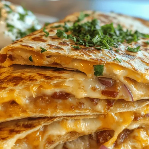 Cheesy Bacon Ranch Quesadillas are a delightful fusion of flavors that perfectly balance savory, creamy, and crunchy elements, making them an ideal choice for any occasion. Whether you’re hosting a game night, preparing a family meal, or simply craving a quick snack, these quesadillas deliver satisfaction in every bite. The combination of gooey cheese, crispy bacon, and zesty ranch dressing creates a mouthwatering experience that will leave your taste buds wanting more.