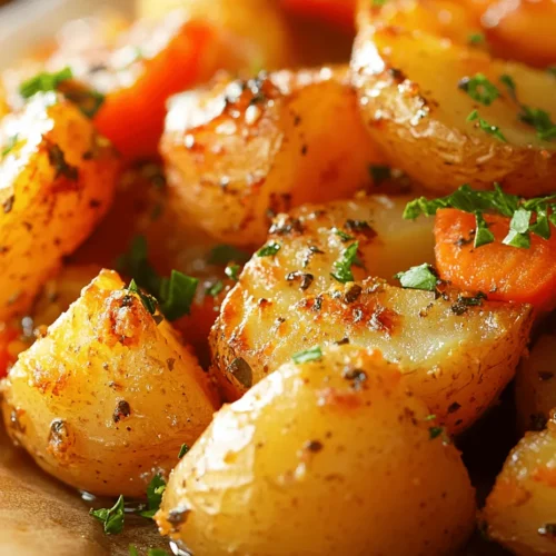 Garlic-Herb Roasted Potatoes and Carrots is a dish that perfectly encapsulates the beauty of simplicity in cooking. This delightful side dish not only boasts an appealing golden-brown color but also fills your kitchen with an irresistible aroma of roasted garlic and fresh herbs. As a versatile accompaniment, it pairs beautifully with a variety of main courses, from succulent roasted meats to hearty plant-based proteins, making it a go-to recipe for both casual weeknight dinners and festive gatherings.