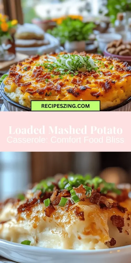 Discover the ultimate comfort food with Loaded Mashed Potato Casserole! This creamy, flavorful dish combines russet potatoes, sharp cheddar cheese, crispy bacon, and green onions for a cozy experience. Perfect for family gatherings or festive holidays, it’s a crowd-pleaser that can stand alone or accompany your favorite meats. Elevate your meals and create cherished memories with this hearty casserole recipe. #ComfortFood #MashedPotatoes #Casserole #FamilyMeals #RecipeIdeas