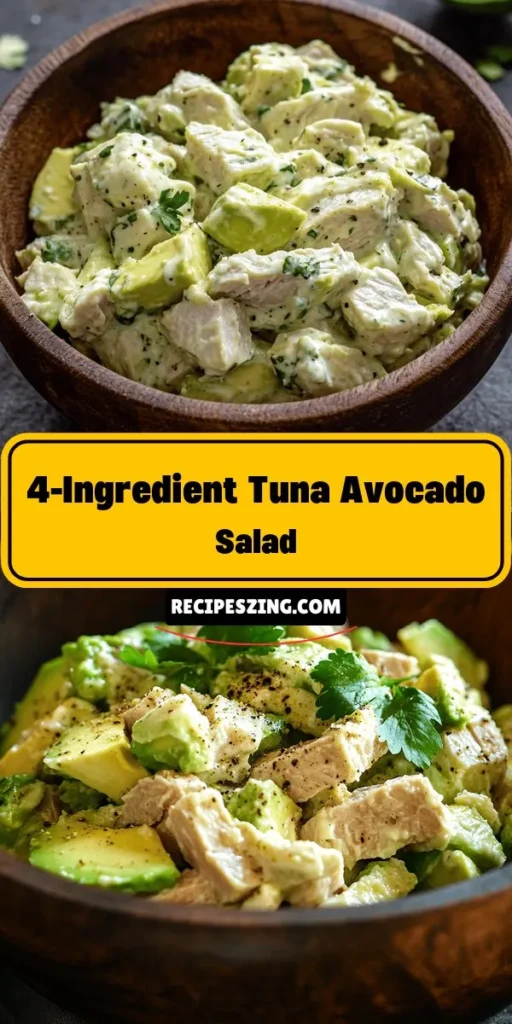 Discover the ultimate quick meal with the Simple & Creamy Tuna Avocado Salad! This nutritious dish features just four ingredients: canned tuna, ripe avocados, creamy mayonnaise, and zesty lime juice. Perfect for busy weeknights, lunches, or healthy snacks, this salad is easy to whip up in just five minutes. Packed with protein and healthy fats, it's a delightful blend of flavor and nutrition that can be customized to fit your taste. #TunaSalad #HealthyRecipes #EasyMeals #AvocadoLovers #QuickLunch