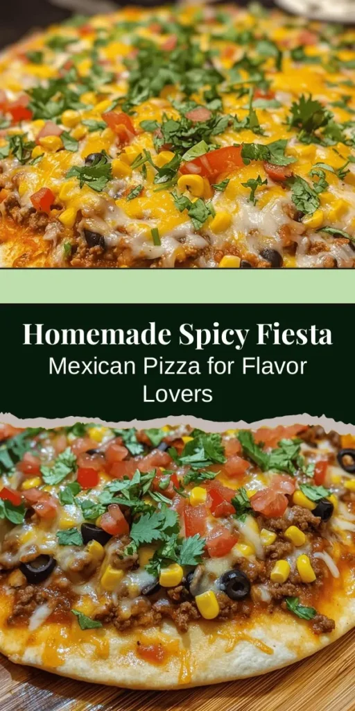 Discover the joy of making a Spicy Fiesta Homemade Mexican Pizza, a delicious fusion that brings together the vibrancy of Mexican cuisine and classic pizza flavors. This quick and easy recipe is perfect for busy weeknights or gatherings, combining refried beans, seasoned meats, fresh veggies, and creamy cheese. Customize it to your taste, and enjoy every cheesy, spicy bite! #MexicanPizza #HomemadePizza #QuickRecipes #SpicyFiesta #DeliciousFood #EasyMeals