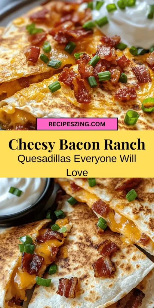 Indulge in the ultimate comfort food with Cheesy Bacon Ranch Quesadillas! This delicious dish combines gooey cheddar and mozzarella with crispy bacon and zesty ranch dressing. Perfect for family dinners, game day, or festive gatherings, they’re sure to delight everyone. Easy to make and endlessly customizable, these quesadillas are a crowd-pleaser. Try them today for a tasty treat! #Quesadillas #ComfortFood #CheesyBaconRanch #SnackIdeas #EasyRecipes