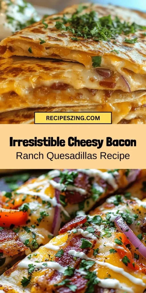 Discover the ultimate snack with Cheesy Bacon Ranch Quesadillas! This delicious recipe combines crispy bacon, gooey cheese, and tangy ranch dressing for a mouthwatering treat that's perfect for any occasion. Easy to make and incredibly satisfying, these quesadillas are great for game nights, family dinners, or a late-night snack. Customize with your favorite ingredients and enjoy a burst of flavor in every bite! #Quesadillas #BaconLovers #CheesyGoodness #SnackIdeas #EasyRecipes #ComfortFood #FoodieFavorites