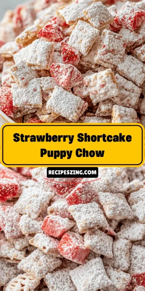 Looking for a fun and delicious snack? Try our Sweet Strawberry Shortcake Puppy Chow! This easy no-bake treat combines crunchy Rice Chex cereal with creamy white chocolate, peanut butter, and freeze-dried strawberries for a sweet, summery flavor. Perfect for parties or as a delightful afternoon treat, this recipe is fun to make with kids! Indulge in this nostalgic snack that guarantees smiles. #PuppyChow #SnackRecipes #SweetTreats #SummerSnacks #StrawberryShortcake