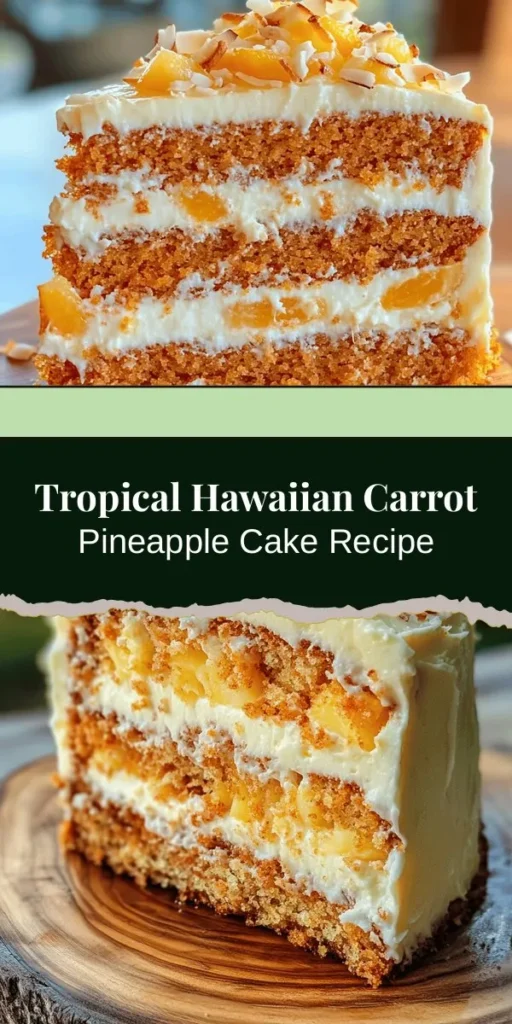 Dive into the tropical flavors of Hawaiian Carrot Pineapple Cake! This delightful dessert combines freshly grated carrots, crushed pineapple, and coconut for a moist, vibrant treat perfect for any occasion. Topped with creamy cream cheese frosting, each bite transports you to a sunny beach paradise. Enjoy baking this refreshing cake and impress your friends and family with your culinary skills! #CarrotCake #Pineapple #TropicalDessert #BakingJoy #HomemadeCake