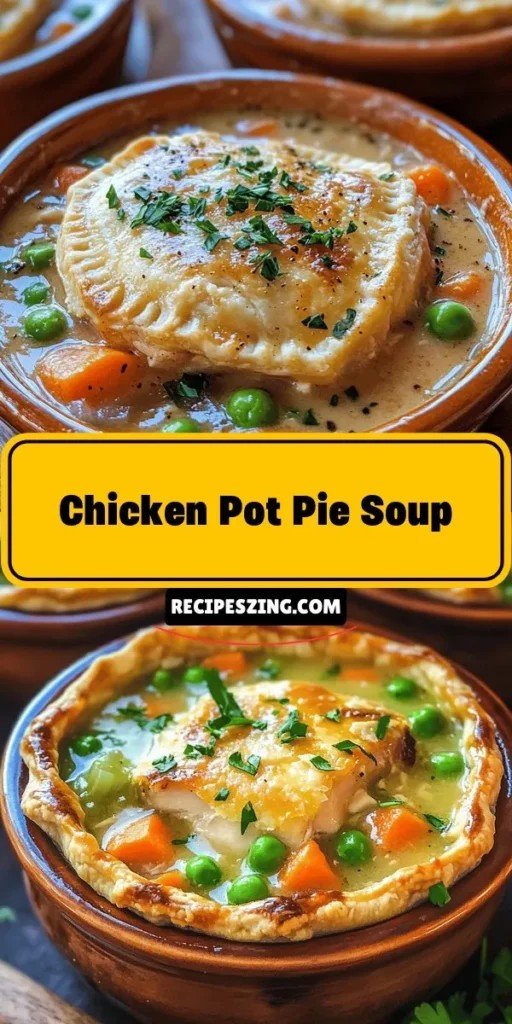 Warm up with a bowl of Hearty Home-Style Chicken Pot Pie Soup, the ultimate comfort food that combines the rich flavors of traditional chicken pot pie in a soothing soup form. Packed with tender chicken, vibrant veggies, and creamy goodness, this easy recipe will whisk you to nostalgia on chilly days. Perfect for cozy dinners or family gatherings, explore how to prepare this delicious dish with step-by-step instructions. #ChickenPotPie #Soup #ComfortFood #EasyRecipes #HomeCooking #Foodie