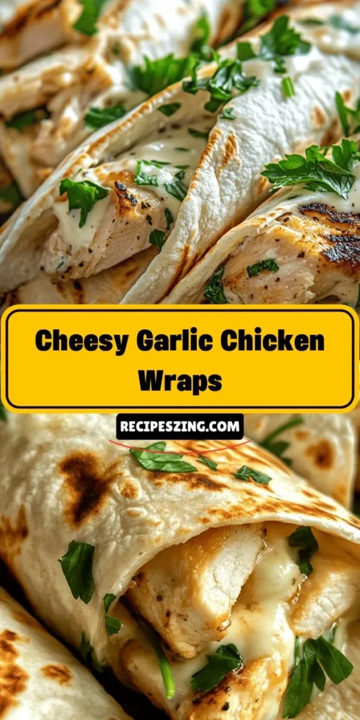 Discover the deliciousness of Cheesy Garlic Chicken Wraps! This easy recipe combines succulent chicken with creamy cheese and a hint of garlic, all wrapped in a warm tortilla. Perfect for lunch, dinner, or quick snacks, these wraps are versatile and customizable to fit your dietary needs. Add fresh veggies, switch up the cheese, or choose whole wheat tortillas for a healthier twist. Bring flavor to your table in no time! #Wraps #EasyRecipes #CheesyGarlicChicken #MealPrep #HealthyEating #FamilyDinner