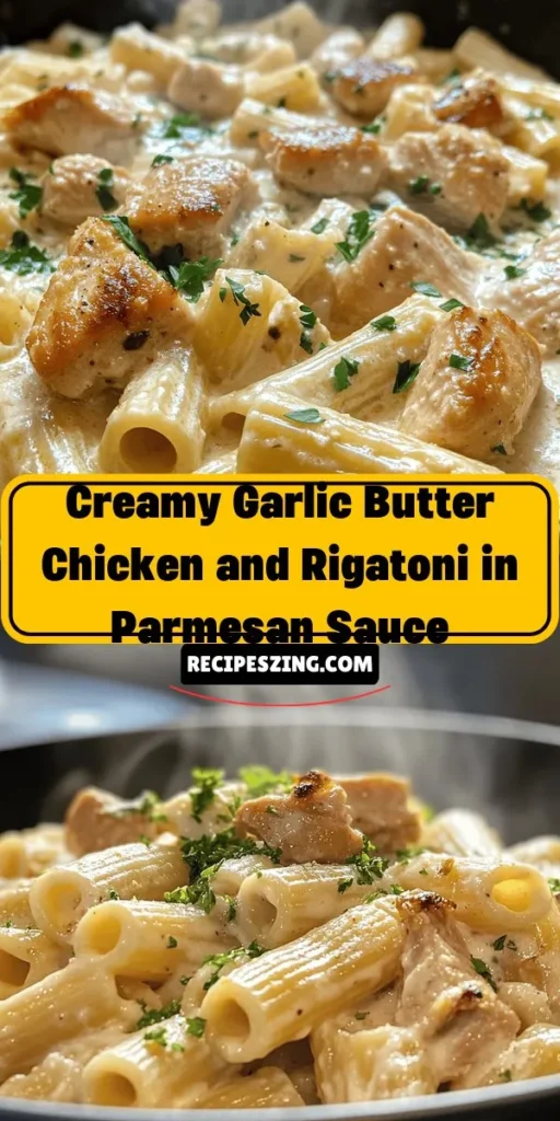 Discover the ultimate comfort dish with Creamy Garlic Butter Chicken and Rigatoni in Parmesan Sauce. Enjoy tender chicken and al dente rigatoni enveloped in a rich, creamy sauce that’s perfect for family dinners or special occasions. This recipe is not just a meal; it’s an experience filled with delicious flavors and comforting aromas. Try it today and impress your loved ones! #CreamyChicken #Rigatoni #ComfortFood #PastaLove #DinnerIdeas #HomeCooking #DeliciousRecipes