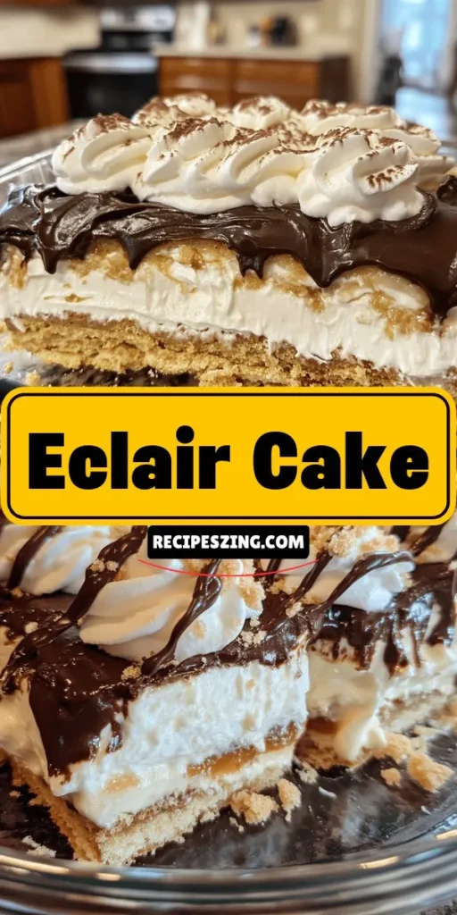 Discover the magic of Eclair Cake Delight, a delightful no-bake dessert that combines creamy vanilla filling and crunchy graham crackers, all topped with rich chocolate icing. Perfect for family gatherings, potlucks, or simply indulging your sweet tooth, this easy-to-make treat offers layers of flavor and nostalgia. Quick and simple, it’s a crowd-pleaser everyone will love! Try it today! #NoBakeDesserts #EclairCakeDelight #DessertRecipe #EasyRecipes #SweetTreats