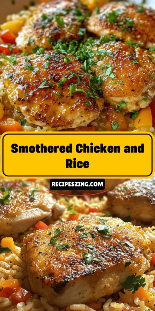 Discover the ultimate comfort food with this Smothered Chicken and Rice recipe! Juicy chicken thighs, creamy rice, and aromatic vegetables come together to create a heartwarming dish perfect for family dinners. Easy to make, this one-pot meal is rich in flavor and satisfaction, appealing to everyone at the table. Dive into this delicious Southern classic and elevate your cooking skills! #ComfortFood #SmotheredChicken #OnePotMeal #SouthernCooking #FamilyDinner #HeartwarmingRecipes #CookingAtHome