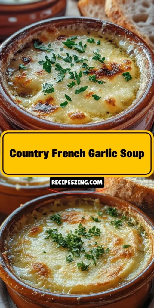 Warm up your evenings with the comforting flavors of Country French Garlic Soup! Known as Soupe à l'Ail, this simple yet delicious recipe combines roasted garlic, creamy potatoes, and fresh herbs to create a heartwarming dish that’s perfect for gatherings or cozy nights in. Enjoy with a side of crusty bread and experience the rustic charm of French cuisine in every spoonful. #GarlicSoup #FrenchCuisine #ComfortFood #SoupeàlAil #HomemadeSoup #HealthyEating #CozyHome