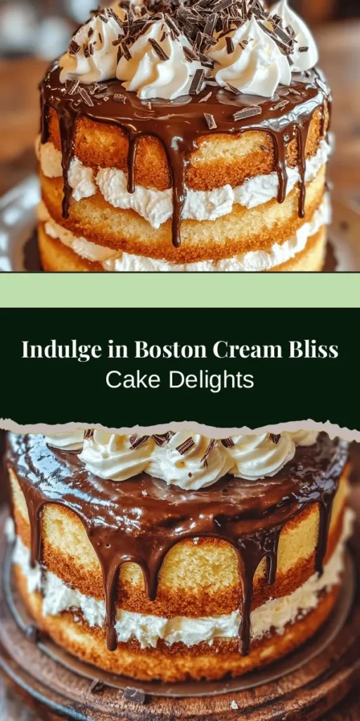 Discover the decadence of Boston Cream Bliss Cake, a luscious dessert that takes the beloved Boston Cream Pie to new heights! With moist cake layers, rich pastry cream, and glossy chocolate ganache, it's perfect for any celebration or indulgent treat. Our guide provides a detailed recipe and tips to create this masterpiece in your own kitchen. Try it and delight your family and friends! #BostonCreamCake #Baking #DessertRecipes #SweetTreats #HomemadeGoodness