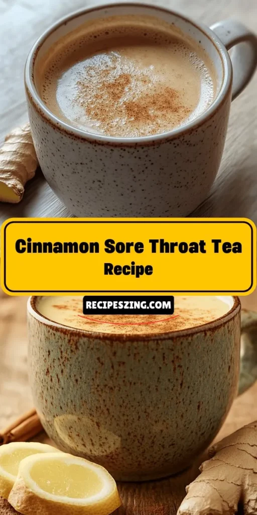 Experience the soothing benefits of Warm Cinnamon Sore Throat Tea, a comforting blend perfect for soothing throat irritation. This delightful tea combines the anti-inflammatory properties of cinnamon, the natural sweetness of honey, the tangy freshness of lemon, and the warmth of ginger. It's an ideal remedy for cold seasons or post voice use. Warm up with a cup and enjoy the relief it brings! #SoreThroat #HerbalTea #NaturalRemedies #CinnamonTea #Wellness #HomeRemedies