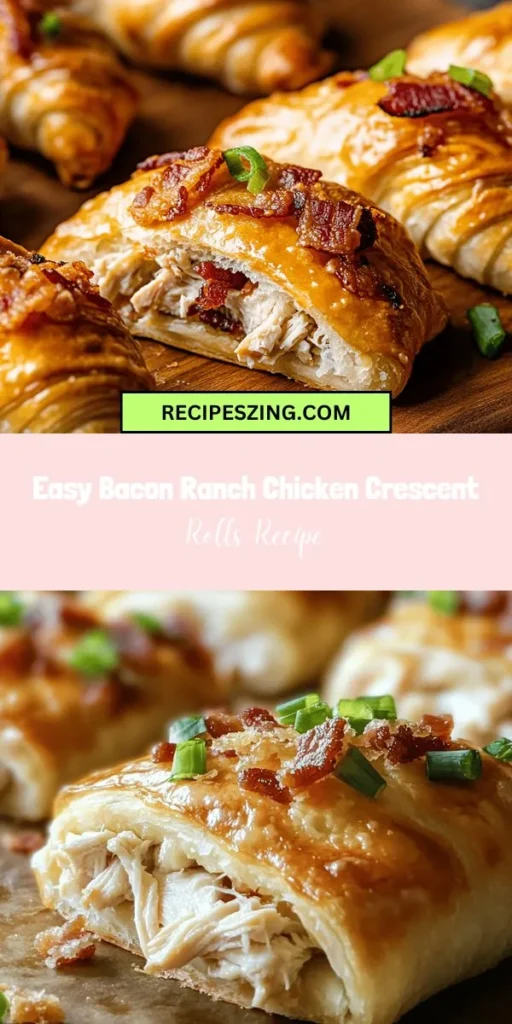 Discover the ultimate comfort food with Bacon Ranch Chicken Crescent Rolls! These deliciously simple rolls are filled with chicken, crispy bacon, and savory ranch dressing, all wrapped in flaky crescent dough. Perfect for weeknight dinners, game day snacks, or gatherings, they're quick to make and customizable to suit any taste. Ready to impress your family and friends? Try this easy recipe today! #BaconRanchChicken #CrescentRolls #EasyRecipes #ComfortFood #FamilyDinner #QuickMeals