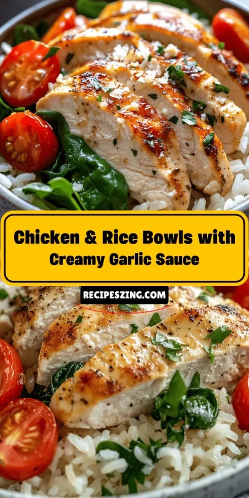 Discover the ultimate comfort food with these Chicken & Rice Bowls topped with a creamy garlic sauce! This nutritious meal features tender chicken, fluffy jasmine rice, and vibrant vegetables, all customizable to your taste. Quick to prepare and packed with flavor, it’s perfect for weeknight dinners or meal prep. Dive into a bowl of pure delight that balances taste and health seamlessly! #ChickenRiceBowls #ComfortFood #MealPrep #HealthyEating #DeliciousRecipes #GarlicSauce #HomeCooking