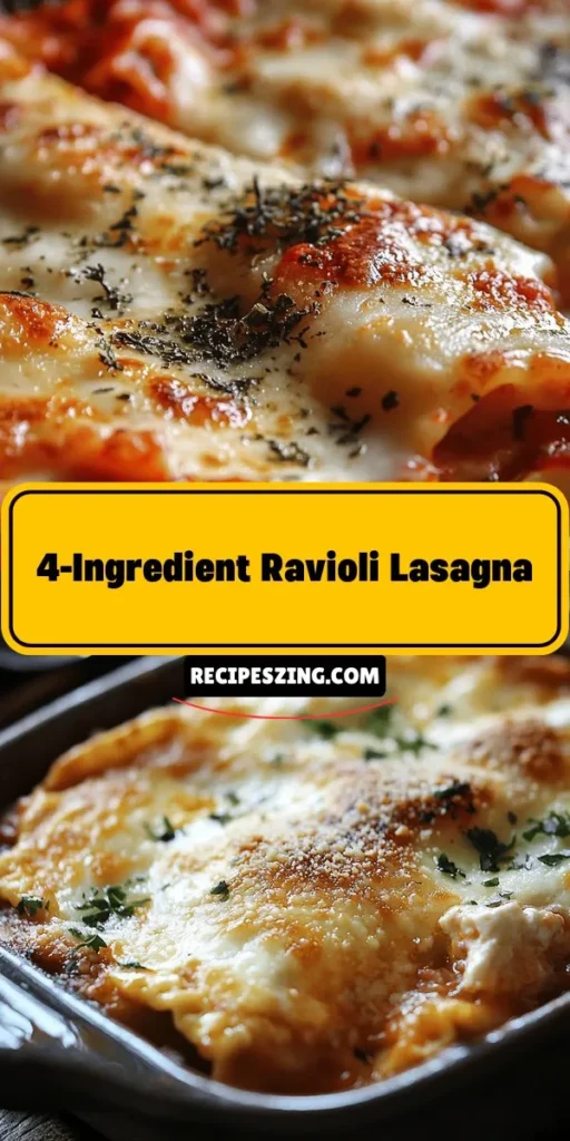 Looking for a quick and satisfying weeknight dinner? Try this 4-Ingredient Ravioli Lasagna Delight! Combining frozen cheese ravioli, marinara sauce, and gooey mozzarella and Parmesan, it brings all the comforting flavors of classic lasagna in a fraction of the time. Perfect for busy families, this dish is easy to assemble and packed with flavor. Elevate your cooking game with this delicious recipe! #RavioliLasagna #EasyDinner #ComfortFood #WeeknightMeals #PastaLovers