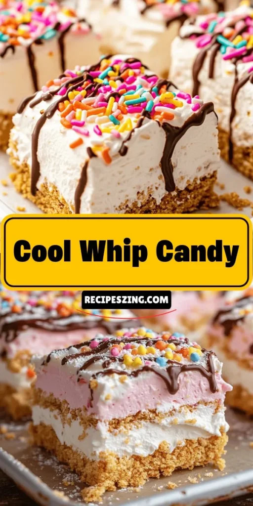 Discover the joy of making Whipped Wonder Candy, a creamy, no-bake dessert that’s perfect for any occasion! This delightful treat combines Cool Whip, instant pudding, graham cracker crumbs, and a dash of powdered sugar for a sweet crunch that everyone will love. Easy to customize with flavors and toppings, it's a hit at parties or just for a tasty snack. Get the recipe now and bring sweetness to your gatherings! #Dessert #NoBake #WhippedWonderCandy #SweetTreat #PartyRecipes #EasyDesserts #HomemadeCandy