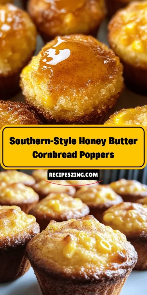 Discover the deliciousness of Southern-Style Honey Butter Cornbread Poppers! These bite-sized treats bring a sweet twist to the classic cornbread, featuring a golden crust and moist interior. Perfect for family gatherings or as a side dish to your favorite meals, they embody the essence of Southern hospitality. Pair them with chili or fried chicken for a delightful experience. Try this easy recipe and share the comfort of Southern cuisine! #Cornbread #SouthernCooking #ComfortFood #Baking #DeliciousRecipes #HoneyButter #Foodie