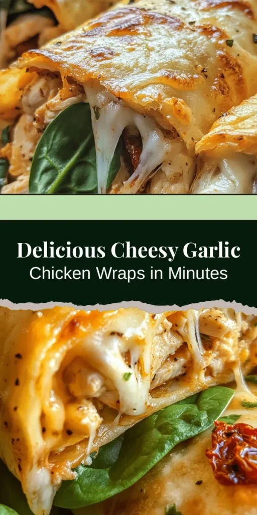 Discover the ultimate quick and delicious meal with cheesy garlic chicken wraps! Packed with shredded chicken, creamy cheeses, aromatic garlic, and fresh veggies, these wraps are easy to make and full of flavor. Perfect for lunch, dinner, or snacks, they are a family favorite. Customize them with your favorite ingredients and enjoy a nutritious meal that appeals to all. Try this simple recipe today! #CheesyGarlicChickenWraps #EasyRecipes #HealthyEating #FamilyMeals #DinnerIdeas #Wraps