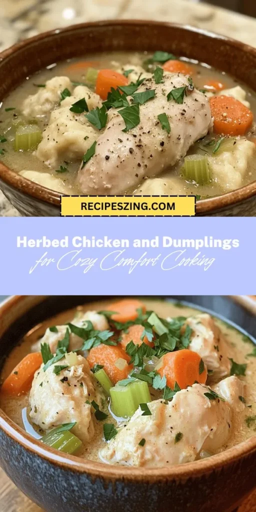 Savor the warmth of home with this Herbed Chicken and Dumplings recipe! This comforting classic combines juicy chicken thighs, fresh herbs like thyme and rosemary, and fluffy dumplings for a dish that’s perfect for family dinners. With rich flavors and a delightful aroma, each bite brings a taste of nostalgia. Create a cozy atmosphere and enjoy a bowl of nostalgia today! #ComfortFood #ChickenDumplings #HomeCooking #Recipe #FamilyDinner #HerbedChicken