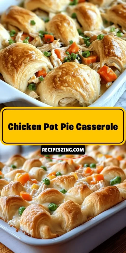 Discover the ultimate comfort food with this Cozy Chicken Pot Pie Casserole! Packed with tender chicken, vibrant veggies, and a creamy sauce, all topped with a flaky crescent roll crust, it's perfect for busy weeknights. Quick to prepare and full of flavor, this family favorite will warm your heart and satisfy your appetite. Customize it to fit your dietary needs and enjoy a delicious meal together! #ChickenPotPie #ComfortFood #FamilyDinner #Casserole #RecipeIdeas #HomeCooking