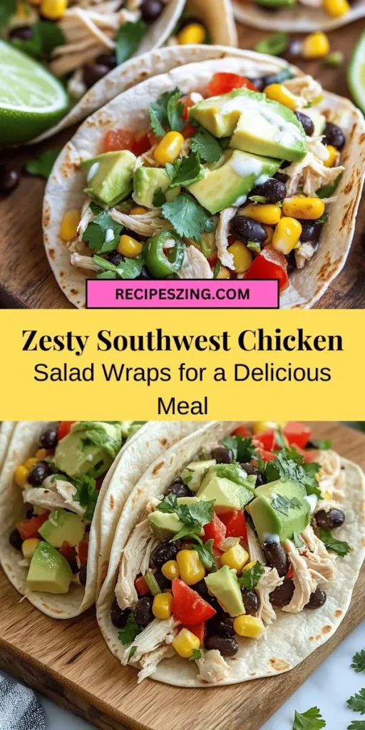 Looking for a fresh and flavorful meal? Dive into Zesty Southwest Chicken Salad Wraps! Perfect for lunch or dinner, these easy-to-make wraps are filled with seasoned chicken, hearty beans, crisp veggies, and creamy avocado—all wrapped in a soft tortilla. Packed with protein and nutrients, they're sure to please the whole family. Customize them to your taste and enjoy a vibrant, healthy dish in no time! #HealthyEats #ChickenWraps #MealPrep #SouthwestFlavors #EasyRecipes #FamilyDinner #CleanEating