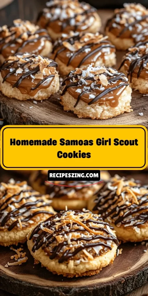 Indulge in the nostalgia of delicious homemade Samoas cookies! With a crispy shortbread base, gooey caramel, toasted coconut, and a rich chocolate drizzle, these treats are pure bliss. Discover how easy it is to recreate this classic cookie in your kitchen with quality ingredients and simple steps. Perfect for sharing, these divine cookies will surely delight everyone! #SamoasCookies #HomemadeTreats #BakingJoy #DessertLovers #CookieRecipe #SweetTreats