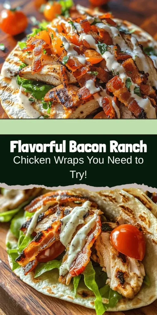 Treat yourself to delicious Crispy Bacon Ranch Chicken Wraps! This recipe effortlessly combines tender chicken, crispy bacon, and fresh veggies, all wrapped in a soft tortilla. Perfect for lunch, dinner, or a quick snack, these wraps are easily customizable to fit any taste or dietary preference. Enjoy a flavor-packed meal that your family and friends will love! #ChickenWraps #Bacon #RanchDressing #RecipeInspiration #QuickMeals #Yum