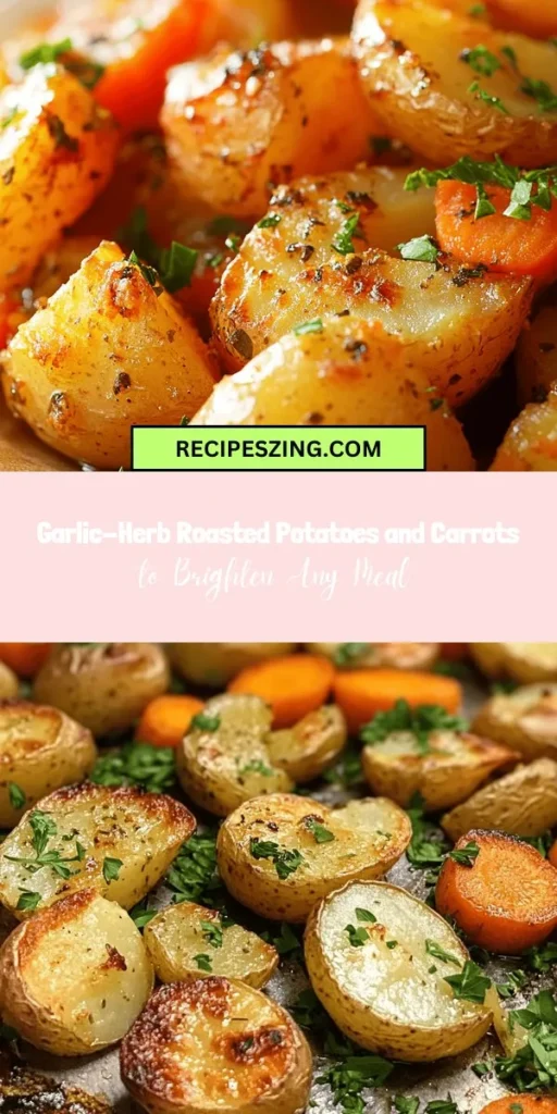 Discover the mouthwatering simplicity of Garlic-Herb Roasted Potatoes and Carrots! This easy recipe transforms humble veggies into a flavorful side dish with the enchanting aromas of roasted garlic and fresh herbs. Perfect for any meal, these veggies complement everything from grilled meats to vegetarian options. Enjoy a healthy, colorful addition to your table that’s packed with nutrients and ready in just 30 minutes. #RoastedVegetables #HealthyEating #SideDish #CookingMadeEasy #ComfortFood