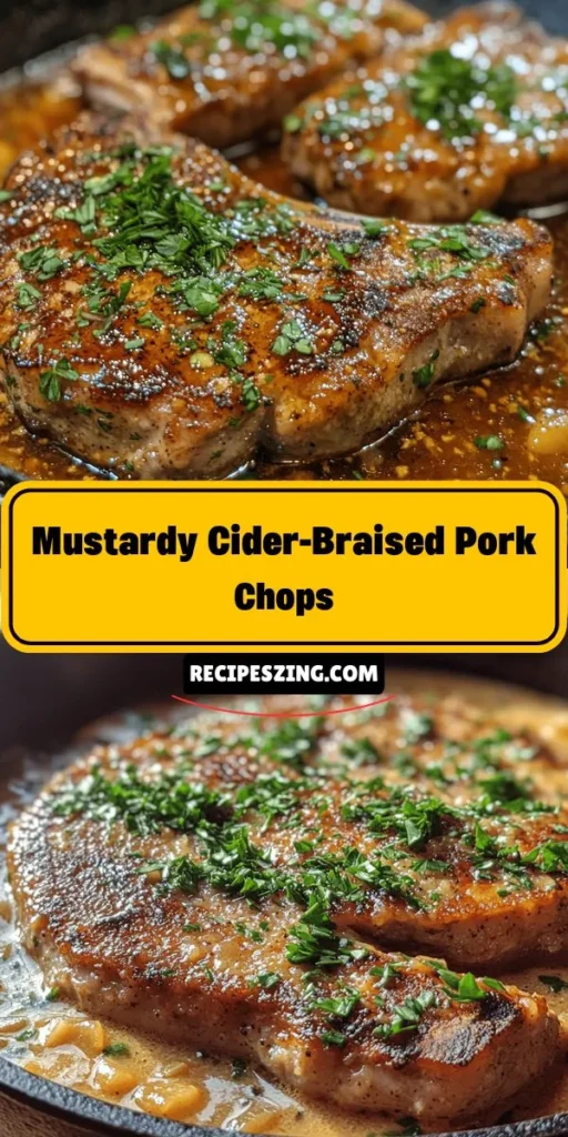 Discover the perfect blend of comfort and sophistication with Mustardy Cider-Braised Pork Chops. This easy-to-follow recipe combines juicy, tender pork chops with the sweet and tangy notes of apple cider and mustard, creating a mouthwatering dish that will impress at any gathering. Pair it with creamy mashed potatoes or a fresh salad for a complete meal. Enjoy a comforting culinary experience that brings everyone together! #PorkChops #ComfortFood #EasyRecipes #DinnerIdeas #Foodie