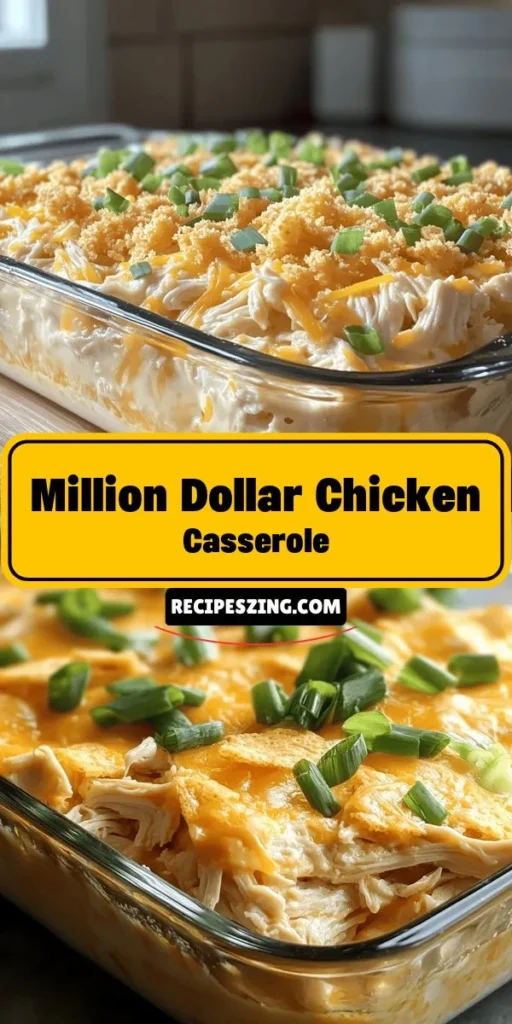 Discover the ultimate comfort food with this Million Dollar Chicken Casserole! Packed with tender shredded chicken, creamy soup, and topped with a crunchy Ritz cracker layer, this dish is perfect for family dinners or potlucks. Easy to prepare and customizable, it's a guaranteed crowd-pleaser. Serve up this hearty meal that everyone will love and watch as smiles gather around the table. Try this classic recipe today! #ChickenCasserole #ComfortFood #FamilyMeals #EasyRecipes #CasseroleDelight #FoodieFun