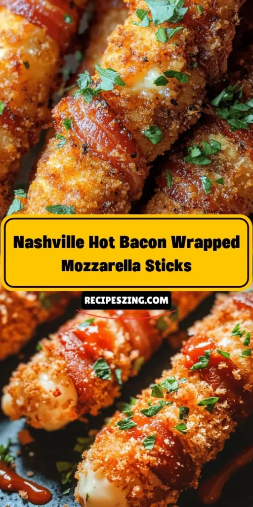 Discover the ultimate snack fusion with Nashville Hot Bacon Wrapped Mozzarella Sticks! These cheesy, crispy delights are packed with flavor and heat, perfect for parties, game days, or any gathering. Experience the melty mozzarella enveloped in thick-cut bacon and a spicy Nashville hot sauce that will leave you craving more. Try this delicious recipe today and impress your guests! #NashvilleHot #MozzarellaSticks #BaconWrapped #SpicySnacks #GameDayEats #ComfortFood