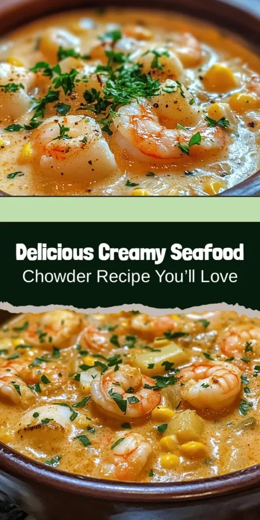 Dive into the comforts of home with this delicious creamy seafood chowder recipe! Perfect for chilly nights or festive gatherings, this dish is a blend of fresh shrimp, scallops, and clams simmered in a rich, velvety broth. Enjoy the nourishing flavors and textures while benefiting from the health advantages of seafood. Ready to impress your family and friends? Grab the full recipe now! #SeafoodChowder #ComfortFood #RecipeIdeas #Foodie #HealthyEating #YummyRecipes #CookingAtHome