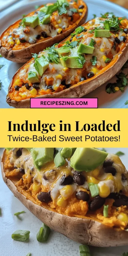 Discover the delightful world of loaded twice-baked sweet potatoes! This recipe combines the natural sweetness of sweet potatoes with savory black beans, corn, and creamy cheese for a dish that's both nutritious and satisfying. Perfect as a side or main course, these sweet potatoes are easy to customize for any dietary preference. Impress your family and friends with this delicious, healthy comfort food! #SweetPotatoes #HealthyEating #ComfortFood #RecipeIdeas #PlantBased #MealPrep #Yummy