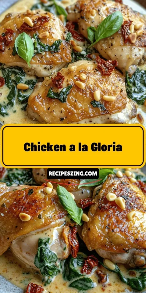 Experience the comforting goodness of Chicken a la Gloria, a creamy, flavor-packed dish that's perfect for any occasion. This recipe features tender chicken thighs enveloped in a luscious sauce with fresh spinach, sun-dried tomatoes, and creamy goat cheese. Easy to prepare, it impresses with its elegant presentation and vibrant flavors. Serve with garlic bread or a fresh salad for a complete meal! #ChickenALaGloria #CreamyChicken #ComfortFood #HomeCooking #EasyRecipes #DeliciousMeals