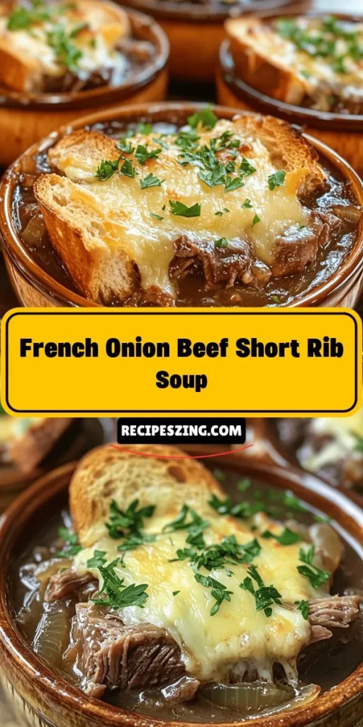 Warm up your evenings with this mouthwatering French Onion Beef Short Rib Soup! This hearty dish combines rich flavors from tender short ribs and caramelized onions, perfectly seasoned with herbs and topped with bubbly Gruyère cheese. Ideal for cold nights, this soup not only satisfies but brings comfort to any table. Perfect for cozy gatherings or family dinners! Try the recipe now! #FrenchOnionSoup #ComfortFood #SoupRecipe #BeefShortRibs #HomemadeCooking