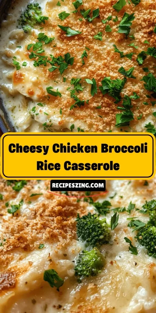 Discover the ultimate comfort food with this Cheesy Chicken Broccoli Rice Casserole recipe. Perfect for busy weeknights or family gatherings, this hearty dish combines tender chicken, vibrant broccoli, and gooey cheese. Easy to customize, you can swap in your favorite veggies or proteins for a personal touch. Enjoy a meal that brings everyone together and creates lasting memories around the table! #ChickenCasserole #ComfortFood #FamilyDinner #EasyRecipes #HealthyEating #CheesyGoodness