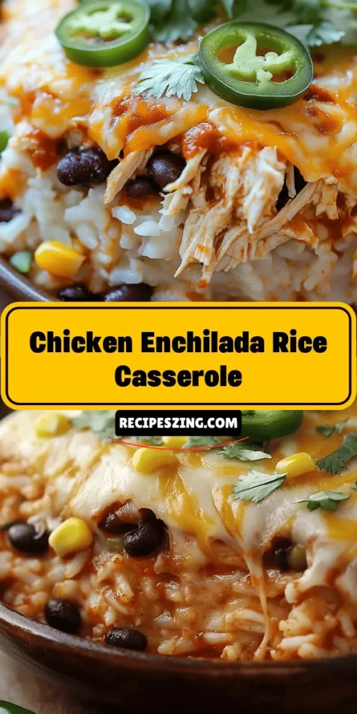 Discover the ultimate comfort food with this Cheesy Chicken Enchilada Rice Casserole! Packed with tender shredded chicken, black beans, zesty enchilada sauce, and gooey cheese, it's the perfect one-dish meal for busy weeknights and family gatherings. Easy to prepare and customizable to your tastes, this casserole promises to be a hit at your dinner table. Get ready for cozy, delicious meals! #Casserole #ComfortFood #MexicanCuisine #MealPrep #FamilyDinner #CheesyGoodness