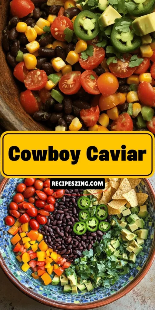 Discover the vibrant taste of Cowboy Caviar, a delightful dish packed with fresh ingredients that will brighten any gathering. Perfect as a dip, salad, or side, this Tex-Mex classic offers customization options to suit your palate. Rich in nutrients, Cowboy Caviar combines black beans, corn, tomatoes, and avocado for a colorful and nutritious experience. Enjoy it at summer barbecues or casual dinners! #CowboyCaviar #HealthyEating #TexMex #Appetizer #SummerRecipes #Foodie #NutritiousChoices #Vegetarian