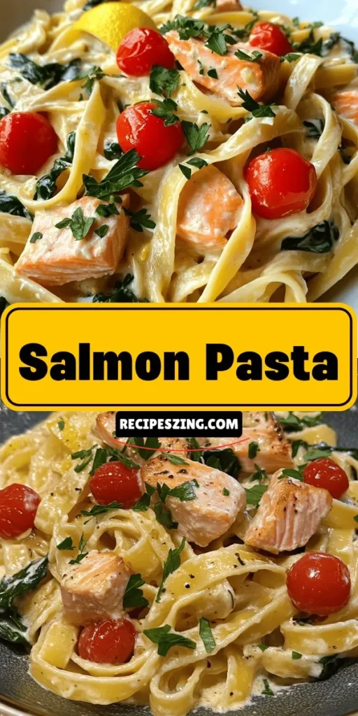 Indulge in the creamy, zesty goodness of Creamy Garlic Lemon Salmon Pasta! This dish combines tender fettuccine with succulent salmon, fresh spinach, and cherry tomatoes in a luscious, garlicky sauce. Perfect for cozy dinners or special occasions, it’s a delightful balance of rich and refreshing flavors. Quick and easy to make, this recipe is a must-try for all pasta lovers! #SalmonPasta #DinnerIdeas #PastaRecipes #HealthyEating #ComfortFood #CookingAtHome #Foodie