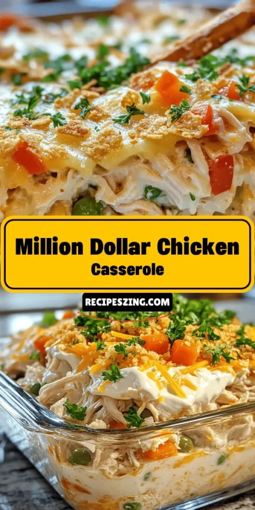 Indulge in the ultimate comfort food with the Million Dollar Chicken Casserole! This creamy delight blends tender chicken, rich sauces, and a crunchy cracker topping, making it a family favorite for busy weeknights or gatherings. With easy ingredients and simple steps, this dish is perfect for a heartwarming meal that brings everyone together. Dive into layers of flavor and satisfaction! #ChickenCasserole #ComfortFood #FamilyFavorites #EasyRecipes #MealPrep