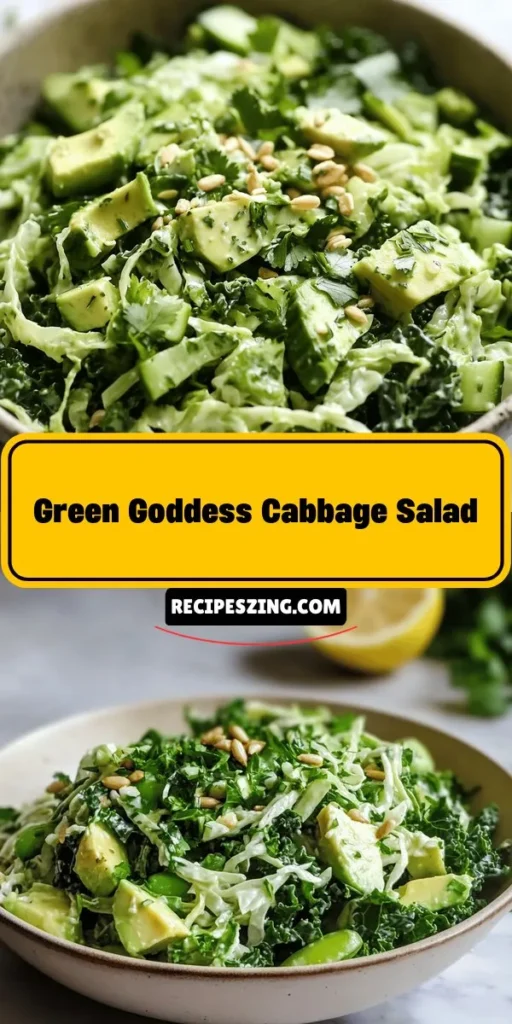 Brighten your meals with this delicious Green Goddess Cabbage Salad! Packed with crunchy cabbage, nutritious kale, and sweet snap peas, all drizzled with a creamy, herb-infused dressing, this salad is perfect for any occasion. It’s not just tasty; it’s a health powerhouse! Enjoy it as a refreshing side or a light main dish by adding protein. Discover the joy of vibrant, wholesome eating with this easy recipe! #GreenGoddessSalad #HealthyEating #SaladRecipes #Nutrition #CabbageSalad #MealPrep #FreshIngredients