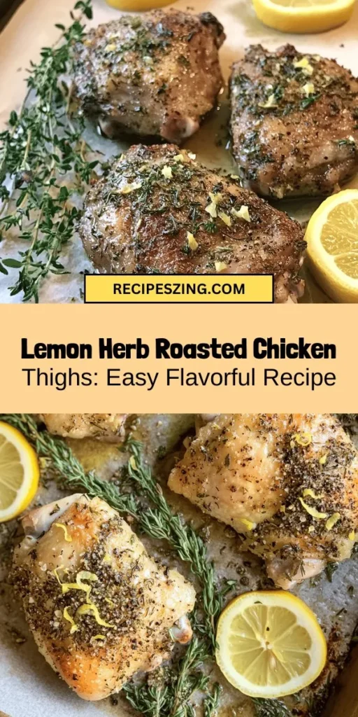 Elevate your dinner game with this Lemon Herb Roasted Chicken Thighs recipe! Juicy, flavorful chicken thighs marinated in zesty lemon, fresh herbs, and olive oil create a dish that’s both easy to make and delicious. Perfect for family gatherings or weeknight meals, this recipe will wow your guests and satisfy your taste buds. Discover tips for marination, roasting, and pairing that make this a culinary masterpiece. #RoastedChicken #ChickenThighs #Cooking #Recipe #Foodie #DinnerIdeas #HomeCooking