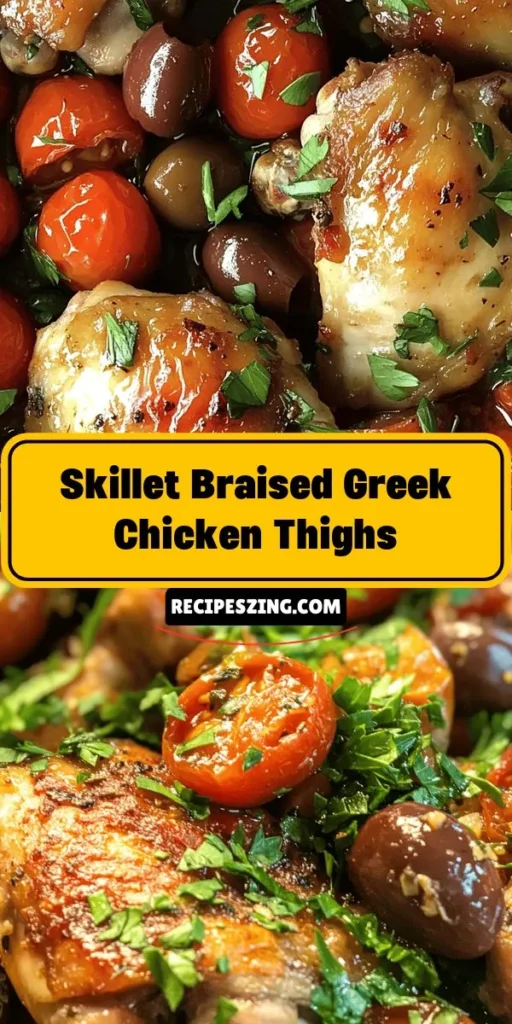 Experience the magic of Mediterranean cuisine with Skillet Braised Greek Chicken Thighs! This mouthwatering dish combines juicy chicken thighs, bright cherry tomatoes, tangy kalamata olives, and fragrant herbs, all simmered to perfection. Not only is it delicious, but it's also nutritionally balanced, making it a great choice for healthy eating. Gather your ingredients and bring a taste of Greece to your kitchen! #GreekCuisine #MediterraneanDiet #HealthyRecipes #ChickenThighs #CookingAtHome #Foodie